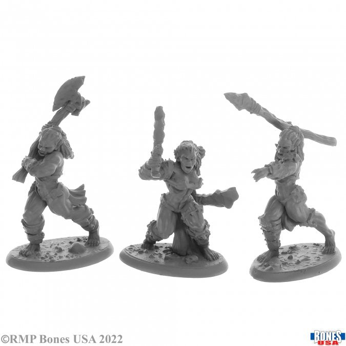 Jade Fire Warriors (3) - Three unpainted gray resin fantasy warrior miniatures wielding an axe, a sword, and a curved blade in dynamic battle poses.