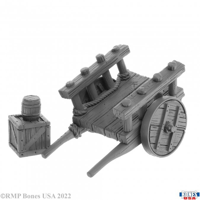 Cart - Wooden fantasy cart with large spoked wheels, barrels, and crates, rustic design.