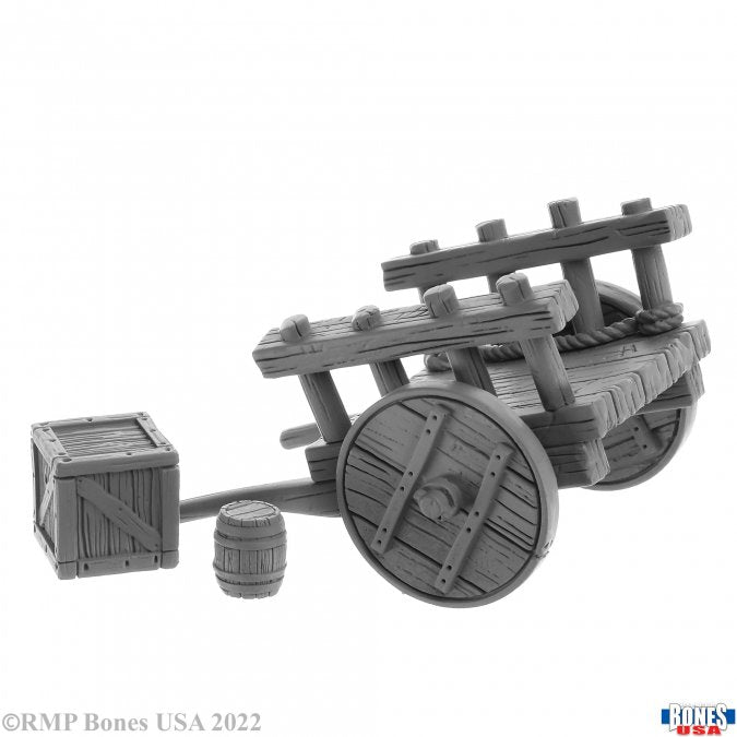 Cart - Wooden fantasy cart with large spoked wheels, accompanied by a crate and barrel miniature set.