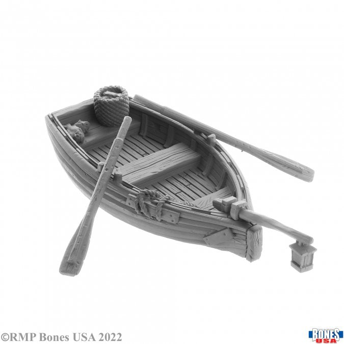Dreadmere Fishing Boat - Gray miniature wooden fishing boat model with two oars and coiled rope on deck.