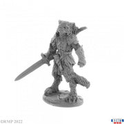 Catfolk Fighter, Mal - Gray miniature figurine of anthropomorphic cat warrior holding a sword, wearing armor and standing on a base.