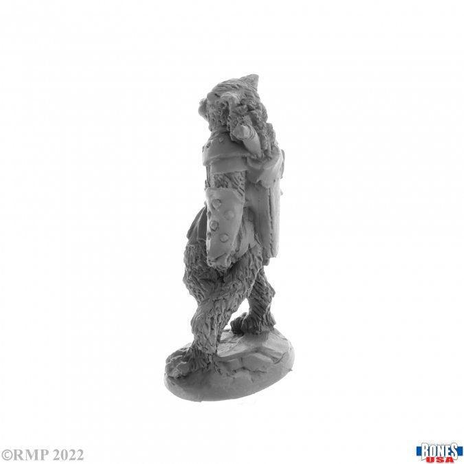Catfolk Fighter, Mal - Gray resin miniature of a humanoid cat warrior standing on a textured oval base with detailed fur and armor elements.