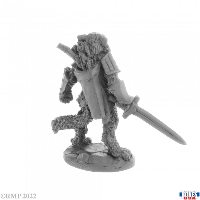 Catfolk Fighter, Mal - Gray resin miniature of an anthropomorphic feline warrior holding a sword and a shield, standing on a textured base.