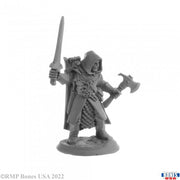 Gabron Farpath, Ranger - Gray unpainted miniature of a cloaked ranger holding a sword and axe with detailed armor and hood.