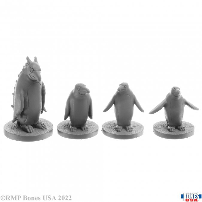 Penguin Attack Pack - Set of four unpainted gray fantasy penguin miniatures with unique poses on round bases.