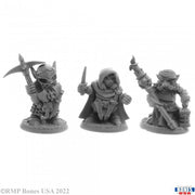 Deep Gnome Warriors (3) - Three unpainted gray resin miniatures of deep gnome warriors with detailed armor and weapons.