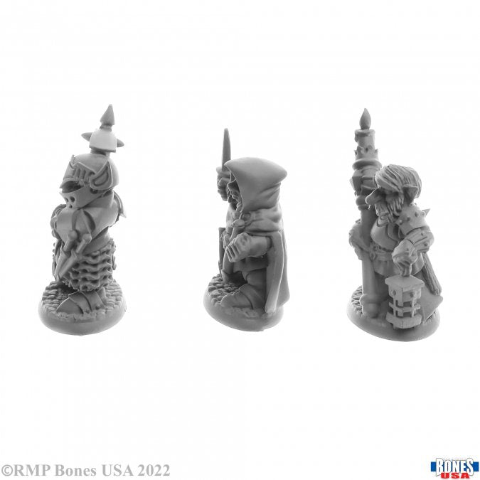 Deep Gnome Warriors (3) - Three unpainted gray resin miniatures of deep gnome warriors with detailed armor, weapons, and textured bases.