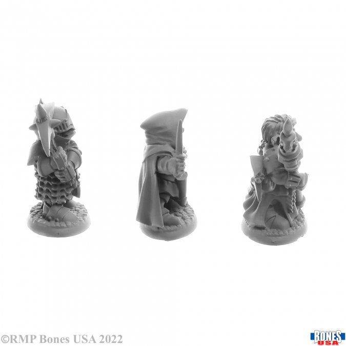 Deep Gnome Warriors (3) - Three unpainted deep gnome warrior miniatures with detailed armor and weapons on round bases.