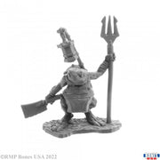 Bufo, Dreadmere Frogman - Gray fantasy frog warrior miniature holding rifle and trident standing on textured base.