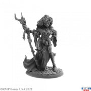 Andowyn Thrushmoor, Human Druid - Detailed miniature of a human druid with curly hair, wearing layered armor and holding a tall staff on a cobblestone base.