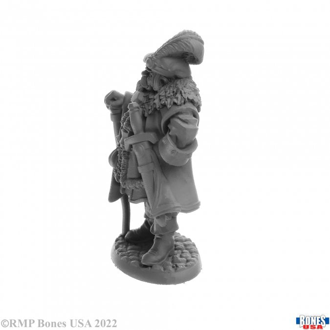 Burgermeister - Gray resin miniature of a fantasy gnome figure with a large hat, long coat, walking stick, and detailed beard standing on a.