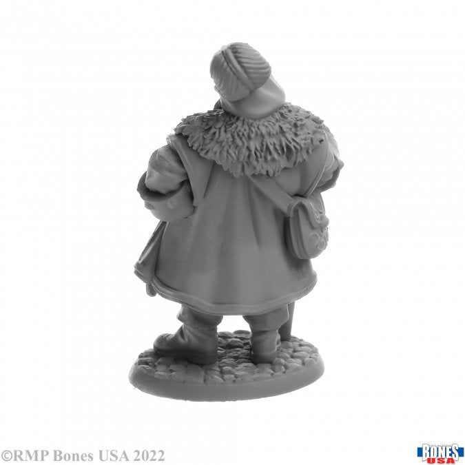 Burgermeister - Gray resin miniature of a fantasy character wearing a fur-collared cloak and carrying a satchel, standing on a textured base.