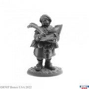 Money Lender - Gray resin fantasy miniature of a money lender holding coins and a ledger on a round base.