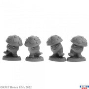 Shroomies (4) - Four small gray fantasy mushroom figurines with textured caps and expressive faces on round bases.