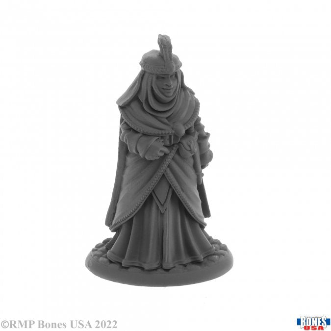 Noblewoman - Gray unpainted resin figurine of a noblewoman in layered medieval robes with a feathered hat and folded arms.