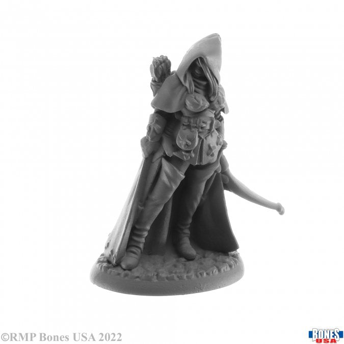 Huntress - Gray unpainted fantasy huntress miniature figurine wearing cloak and armor, holding bow with quiver of arrows on back.