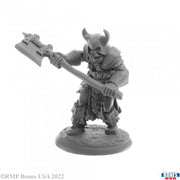Lars Ragnarson - Gray unpainted fantasy warrior miniature with horned helmet and large battle axe.