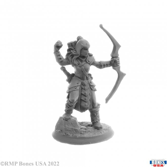 Kara Redoak, Female Archer - Gray unpainted female archer miniature in detailed armor holding a bow, standing on textured base.