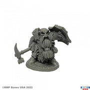 Dark Dwarf Smiter - Dark armored dwarf warrior miniature wielding a battle axe and a large shield on a round base.