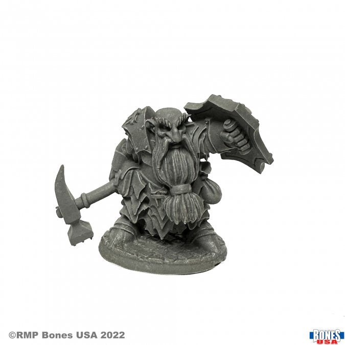 Dark Dwarf Smiter - Dark armored dwarf warrior miniature wielding a battle axe and a large shield on a round base.