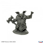 Dark Dwarf Irontongue Priest - Dark armored dwarf warrior figurine with winged skull helmet and battle hammer raised.