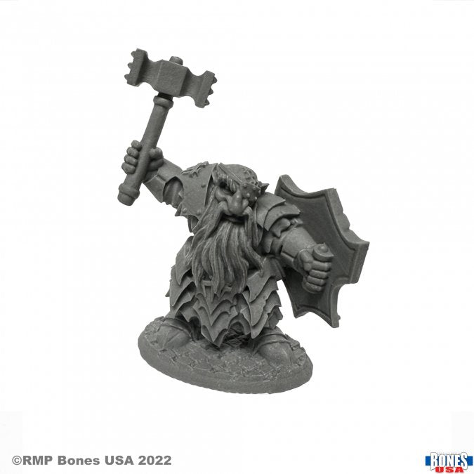 Dark Dwarf Striker - Dark grey dwarf warrior figurine wielding a large hammer and shield on textured base.