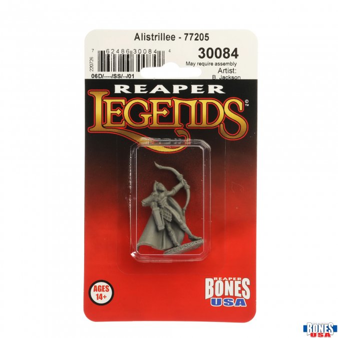 Alistrilee, Elf Archer Ranger - Unpainted gray plastic elf archer miniature holding a drawn bow and arrow, wearing a cloak and armor.