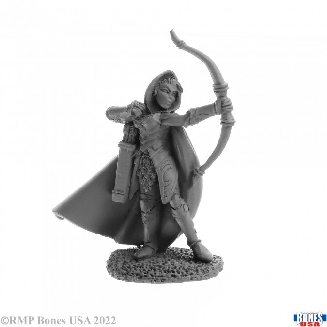 Alistrilee, Elf Archer Ranger - Gray resin elf archer ranger miniature with bow drawn, wearing cape and armor on textured base.
