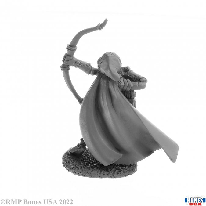 Alistrilee, Elf Archer Ranger - Gray unpainted fantasy elf archer miniature with flowing cloak drawing a bow on textured base.