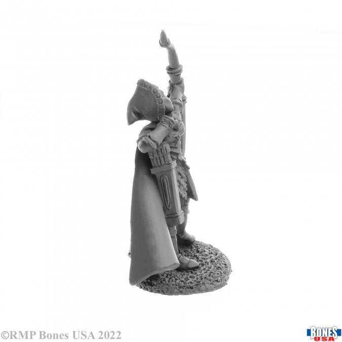 Alistrilee, Elf Archer Ranger - Gray resin miniature of an elf archer ranger wearing a hooded cloak, holding a drawn bow aimed upward, standing on textured.