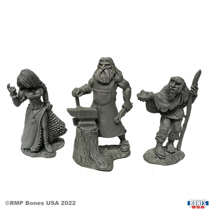 Townsfolk (Strumpet, Blacksmith, Beggar) - Three detailed gray fantasy miniatures depicting a strumpet in a dress, a blacksmith with an anvil, and a beggar with a staff.