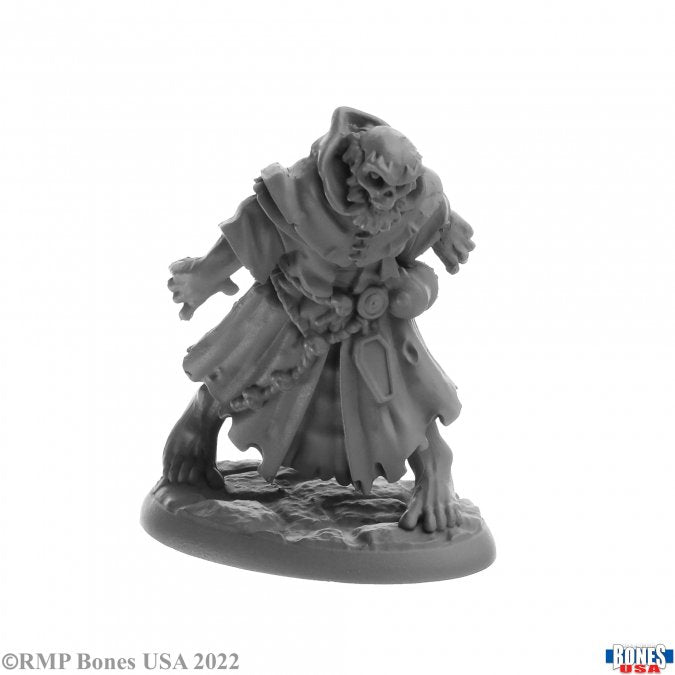 Dreadmere Wight - Gray resin miniature of a hunched, tattered-robed wight with skeletal face and extended clawed hands.