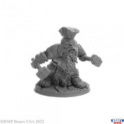Dorn Ironspike, Dwarf Warrior - Unpainted dwarf warrior miniature with braided beard, hammer, and armor standing on textured base.
