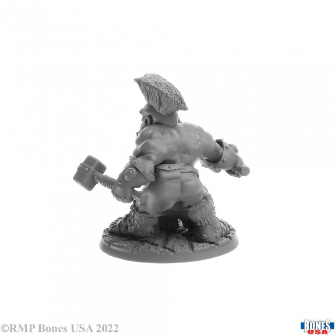 Dorn Ironspike, Dwarf Warrior - Dwarf warrior miniature holding a large hammer, wearing a helmet with a crest and detailed armor on a textured round base.