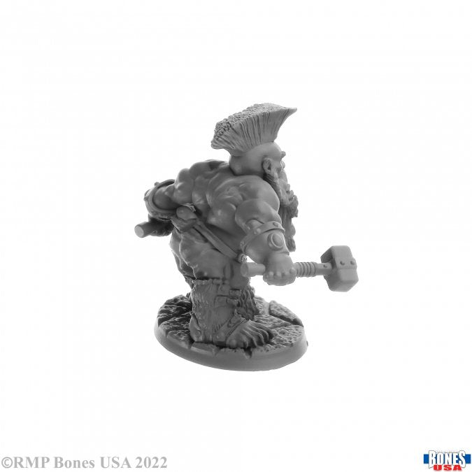 Dorn Ironspike, Dwarf Warrior - Grey resin miniature of a dwarf warrior with a mohawk wielding a hammer and wearing heavy armor.