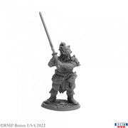 Karabi Bryggs, Ottersmark - Gray fantasy miniature of armored warrior holding raised sword and wearing detailed helmet and layered armor.