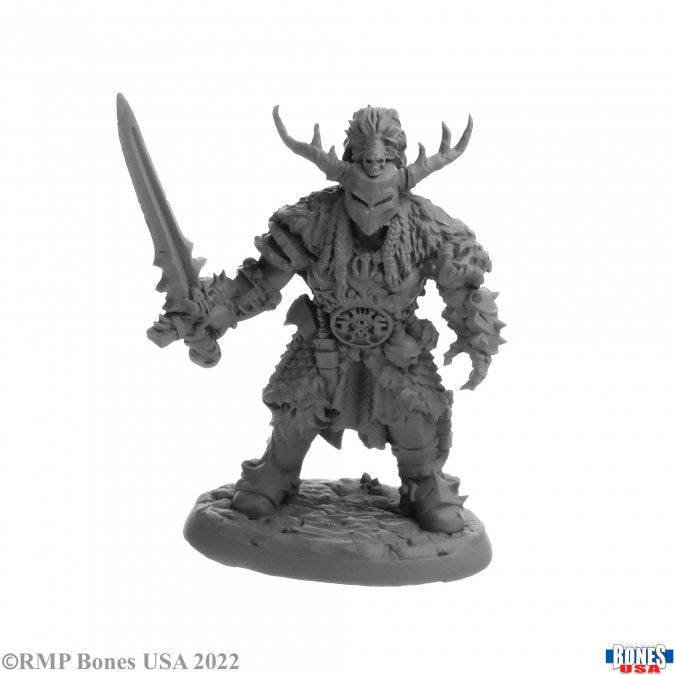 Byverion, Thornforged - Grey fantasy warrior miniature figurine holding sword and wearing spiked horned armor.