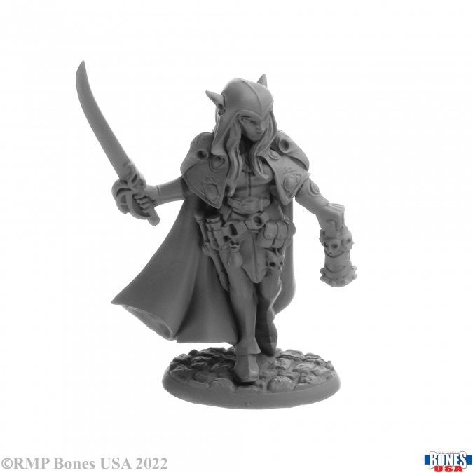 Turvyn, Ghostwalkers - Gray fantasy warrior miniature with a cape, horned helmet, and curved sword standing on rocky base.