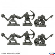 Goblins (6) - Six gray fantasy goblin miniatures, three wielding spiked clubs, two with bows, one holding a spear.