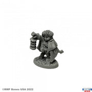 Bergamot, Halfling Scout - Unpainted miniature of a halfling scout holding a lantern and wearing a cloak on a textured base.
