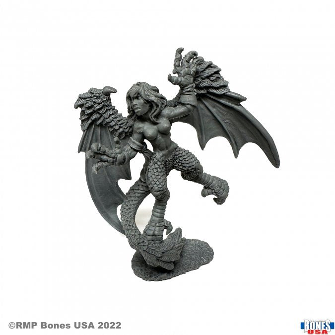 Harpy - Gray resin miniature of a harpy with detailed feathered wings, bird legs, and fierce expression standing on textured base.