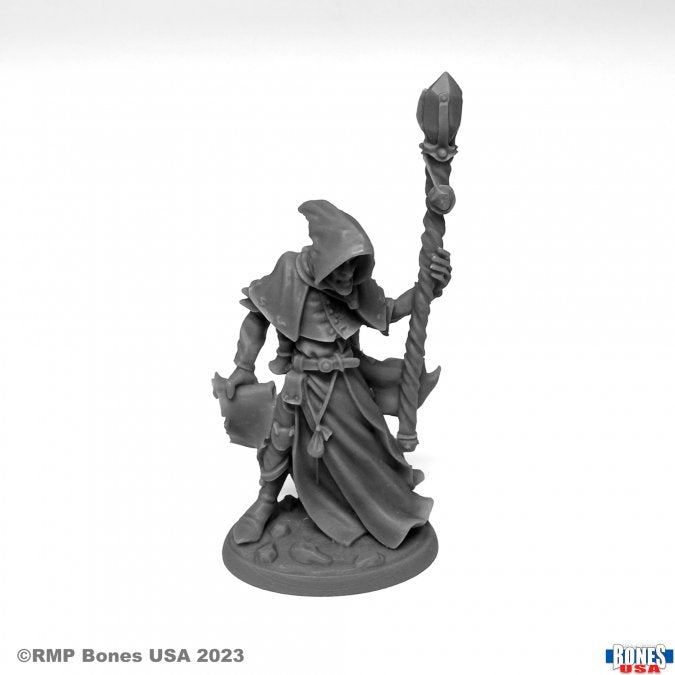 Satheras, Warlock - Gray unpainted resin warlock figure with hooded cloak holding a staff and spellbook on round base.