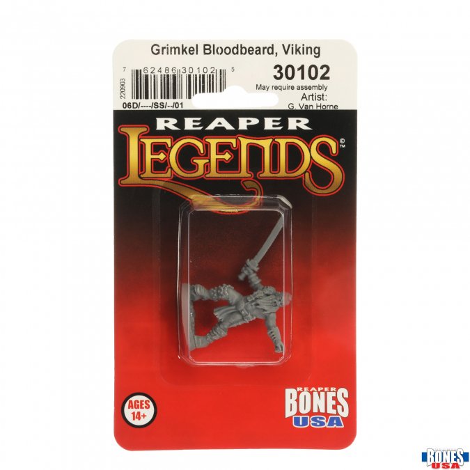 Grimkel Bloodbeard, Viking - Unpainted Grimkel Bloodbeard Viking miniature figure in gray plastic on Red and black Reaper Legends packaging.
