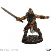 Grimkel Bloodbeard, Viking - Viking warrior figurine with long black beard, mohawk, sword, and detailed armor on rocky base.