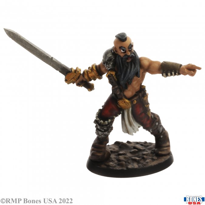Grimkel Bloodbeard, Viking - Viking warrior figurine with long black beard, mohawk, sword, and detailed armor on rocky base.
