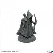 Arthrand Nightblade, Elf Ranger - Gray resin miniature of a cloaked elf ranger holding a bow and quiver, standing on a textured base.