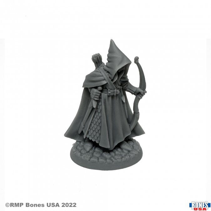 Arthrand Nightblade, Elf Ranger - Gray resin miniature of a cloaked elf ranger holding a bow and quiver, standing on a textured base.