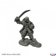 Salvador Crowley, Swashbuckler - Gray unpainted resin miniature of a swashbuckler pirate with raised cutlass and detailed clothing on rocky base.