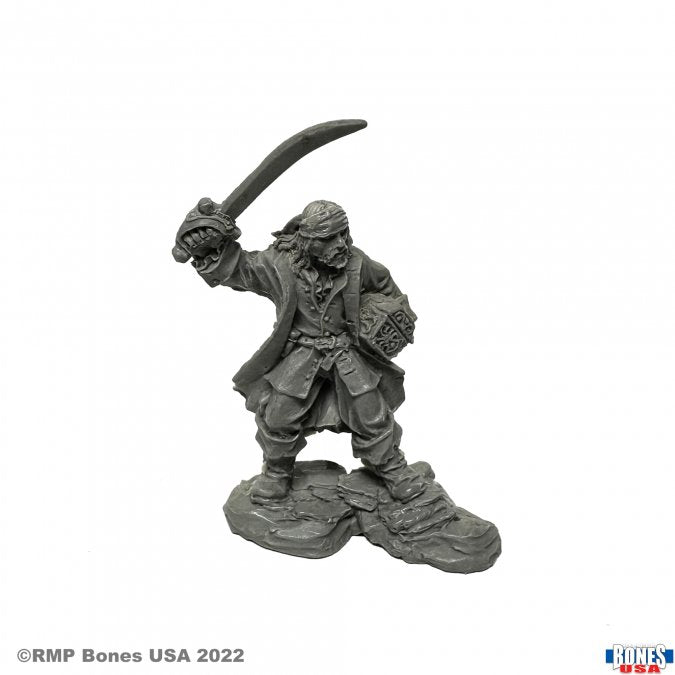 Salvador Crowley, Swashbuckler - Gray unpainted resin miniature of a swashbuckler pirate with raised cutlass and detailed clothing on rocky base.