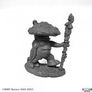 Mushroom King - Fantasy miniature figure of a stout mushroom creature holding a tall staff with a mushroom cap top, standing on textured base.